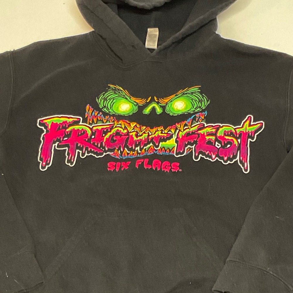 Six Flags Fright fest hoodie Halloween black glow dark y2k Gildan men's S 90 y2k